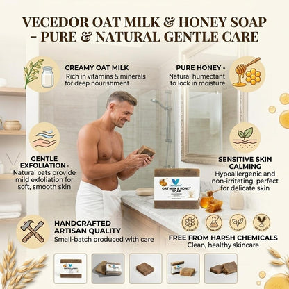 VECEDOR Oat Milk & Honey Soap – Gentle Moisturizing Bar for Dry & Sensitive Skin – Nourishing, Soothing & Hydrating, 4oz