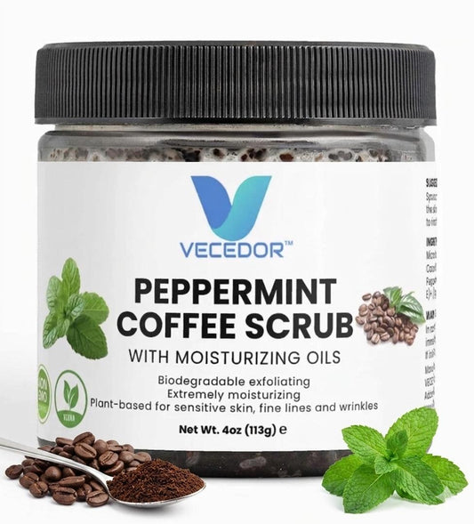 VECEDOR Peppermint Coffee Scrub – Exfoliating Body & Face Scrub for Smooth, Glowing Skin – Natural Moisturizing & Cellulite Care, 4oz