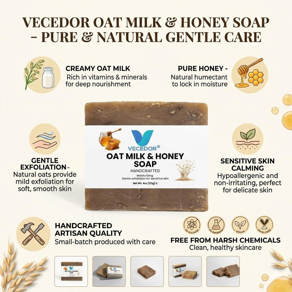 VECEDOR Oat Milk & Honey Soap – Gentle Moisturizing Bar for Dry & Sensitive Skin – Nourishing, Soothing & Hydrating, 4oz
