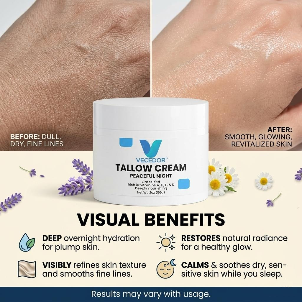 VECEDOR Tallow Cream Peaceful Night – Nourishing Night Cream for Dry & Sensitive Skin – Natural Moisturizing & Skin Repair, 2oz