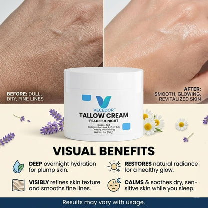 VECEDOR Tallow Cream Peaceful Night – Nourishing Night Cream for Dry & Sensitive Skin – Natural Moisturizing & Skin Repair, 2oz