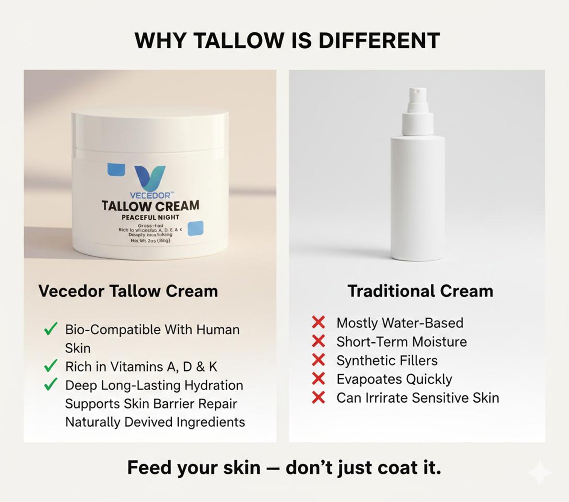VECEDOR Tallow Cream Peaceful Night – Nourishing Night Cream for Dry & Sensitive Skin – Natural Moisturizing & Skin Repair, 2oz VECEDOR