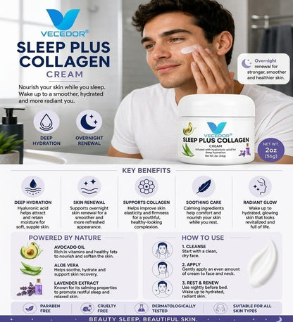 VECEDOR Sleep Plus Collagen Cream – Night Moisturizer with Collagen & Hyaluronic Acid for Hydration, Firming & Anti-Aging, 2oz