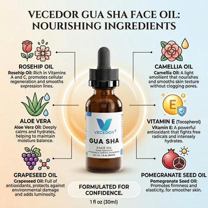 VECEDOR Gua Sha Face Oil  – Hydrating, Nourishing & Radiance-Boosting Facial Oil for Massage & Glow 1 fl oz