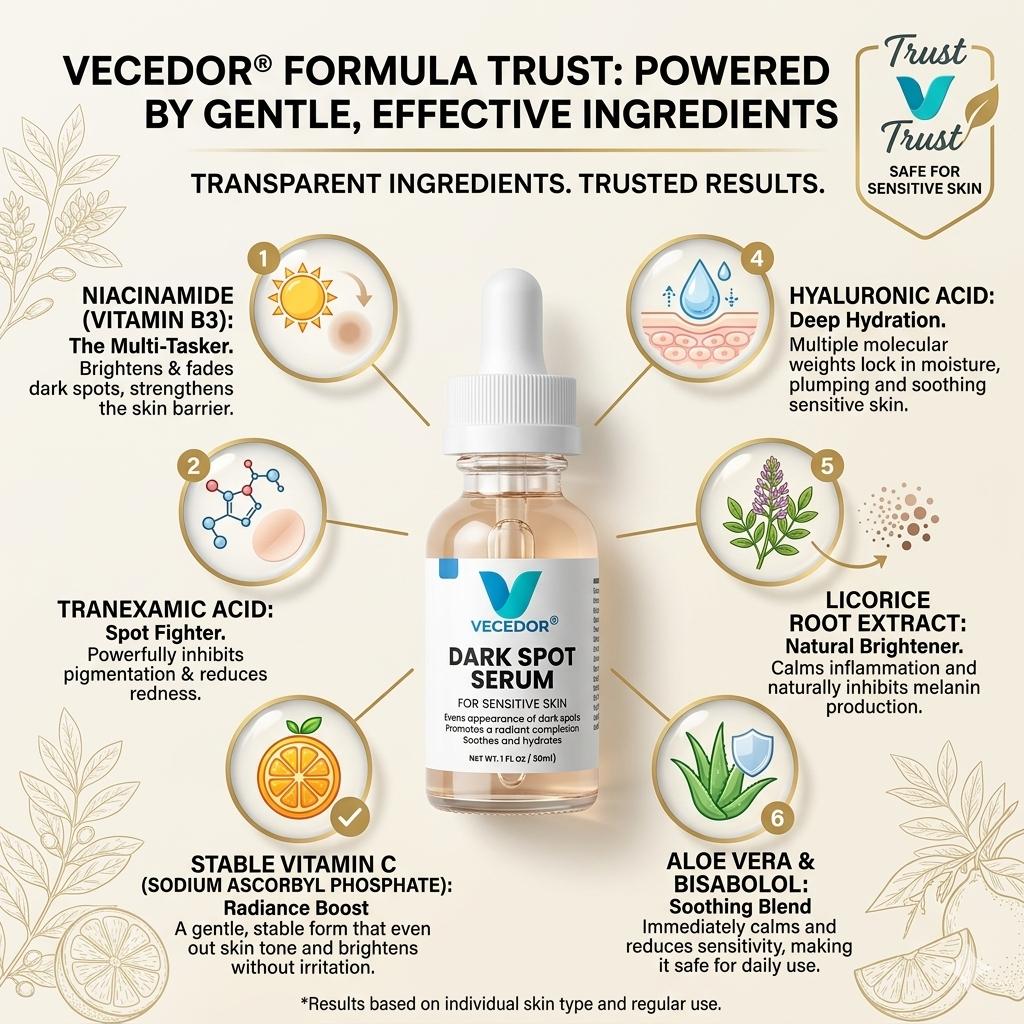VECEDOR Dark Spot Serum for Sensitive Skin – Brightening, Even Tone & Hyperpigmentation Treatment, 1 fl oz