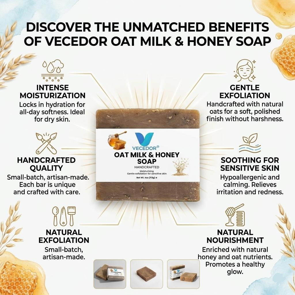 VECEDOR Oat Milk & Honey Soap – Gentle Moisturizing Bar for Dry & Sensitive Skin – Nourishing, Soothing & Hydrating, 4oz