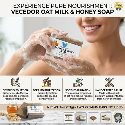 VECEDOR Oat Milk & Honey Soap – Gentle Moisturizing Bar for Dry & Sensitive Skin – Nourishing, Soothing & Hydrating, 4oz