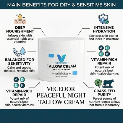VECEDOR Tallow Cream Peaceful Night – Nourishing Night Cream for Dry & Sensitive Skin – Natural Moisturizing & Skin Repair, 2oz