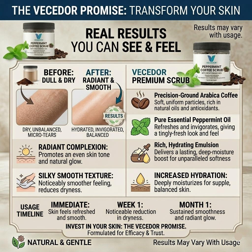 VECEDOR Peppermint Coffee Scrub – Exfoliating Body & Face Scrub for Smooth, Glowing Skin – Natural Moisturizing & Cellulite Care, 4oz