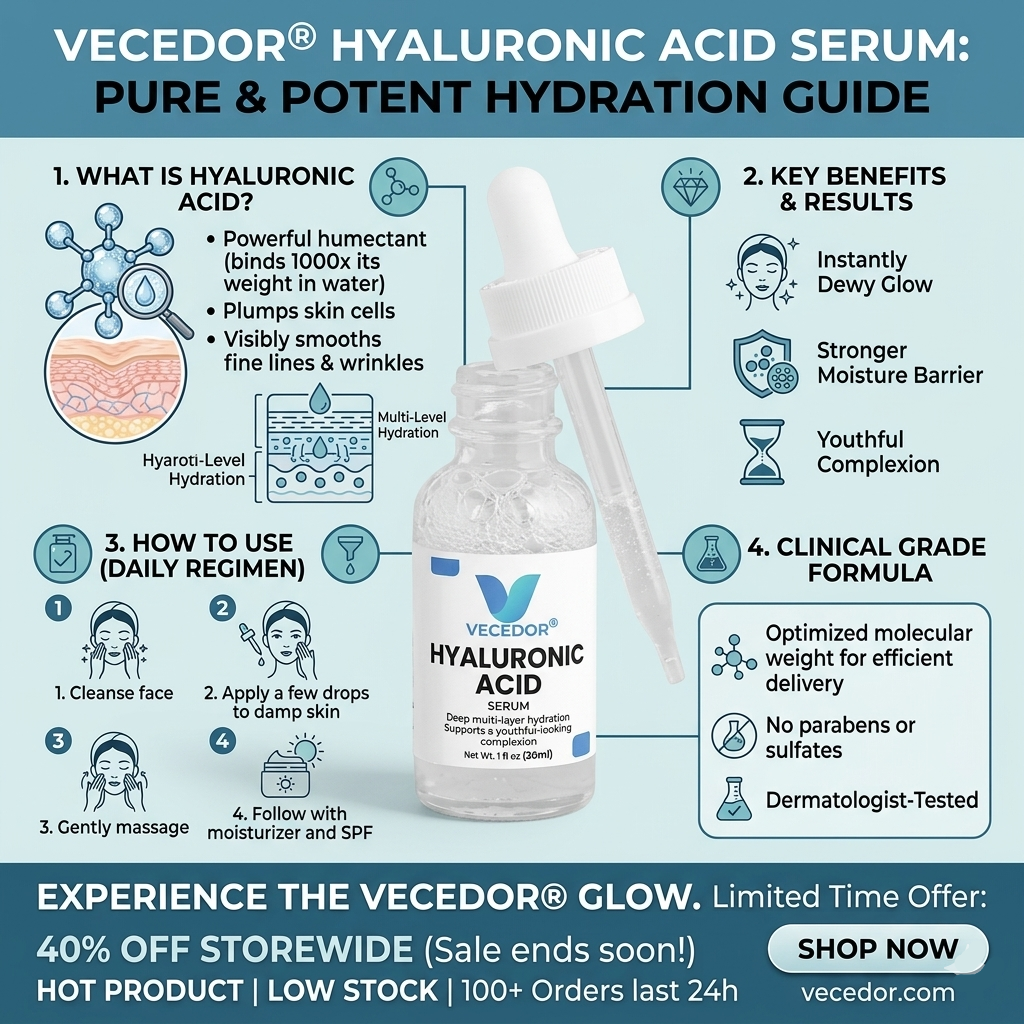 Vecedor Hyaluronic Acid Serum - Deep Multi-Layer Hydration for Enhanced Moisture Retention & Elasticity - 1 fl oz