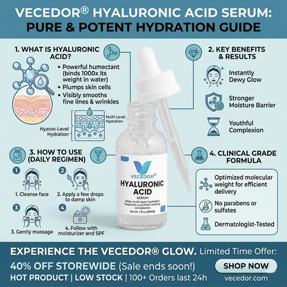 Vecedor Hyaluronic Acid Serum - Deep Multi-Layer Hydration for Enhanced Moisture Retention & Elasticity - 1 fl oz