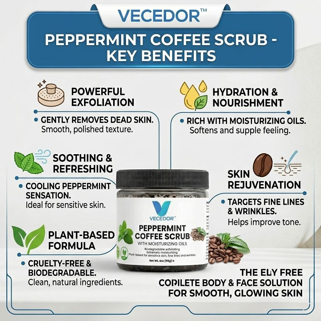 VECEDOR Peppermint Coffee Scrub – Exfoliating Body & Face Scrub for Smooth, Glowing Skin – Natural Moisturizing & Cellulite Care, 4oz