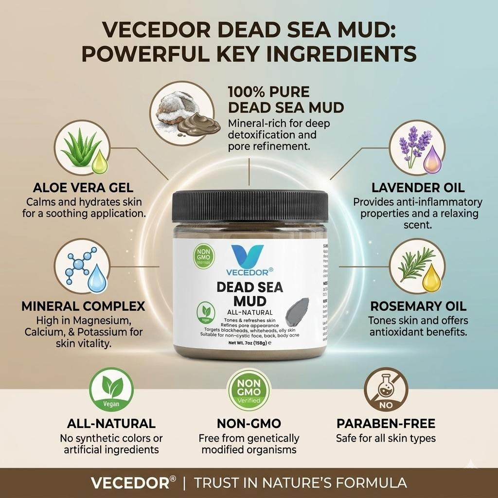 VECEDOR Dead Sea Mud for Face & Body, Natural Mineral-Rich Mask for Deep Pore Cleansing and Oil Control, 7oz