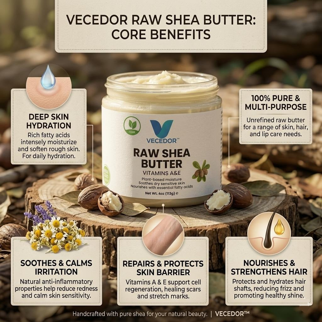 VECEDOR Raw Shea Butter – 100% Pure & Unrefined Organic Shea Butter for Skin, Hair & Body Moisturizing, 4oz