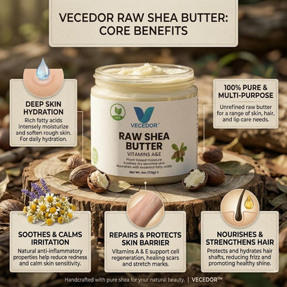 VECEDOR Raw Shea Butter – 100% Pure & Unrefined Organic Shea Butter for Skin, Hair & Body Moisturizing, 4oz