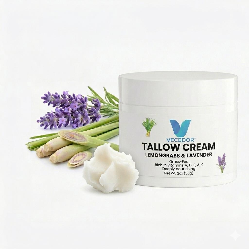 VECEDOR Tallow Cream Lemongrass & Lavender – Natural Face & Body Moisturizer for Dry Skin, Nourishing & Hydrating Balm, 2oz