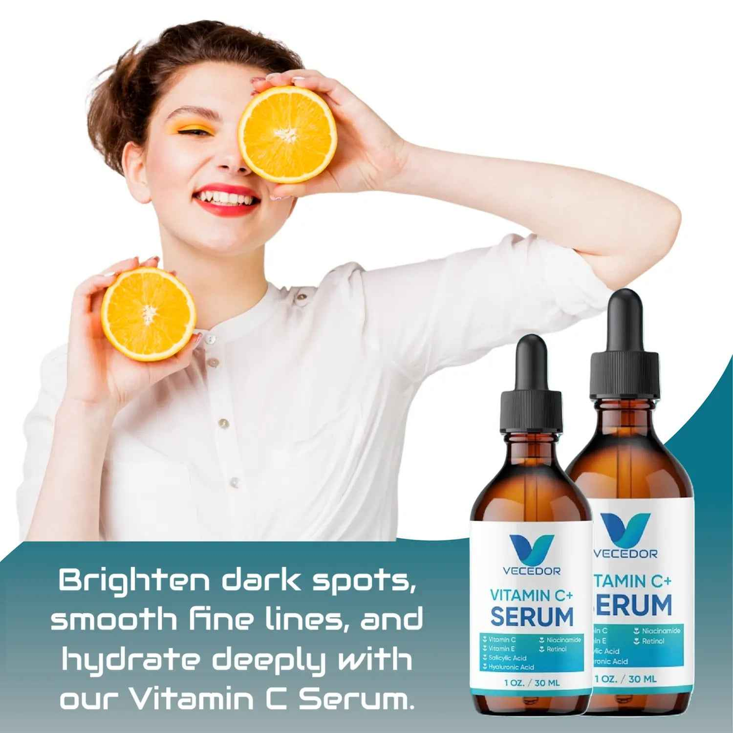 VECEDOR Organic Vitamin C Serum with Hyaluronic Acid and Centella Asiatica for Hydrated Skin and Wrinkle Reduction 1 fl oz