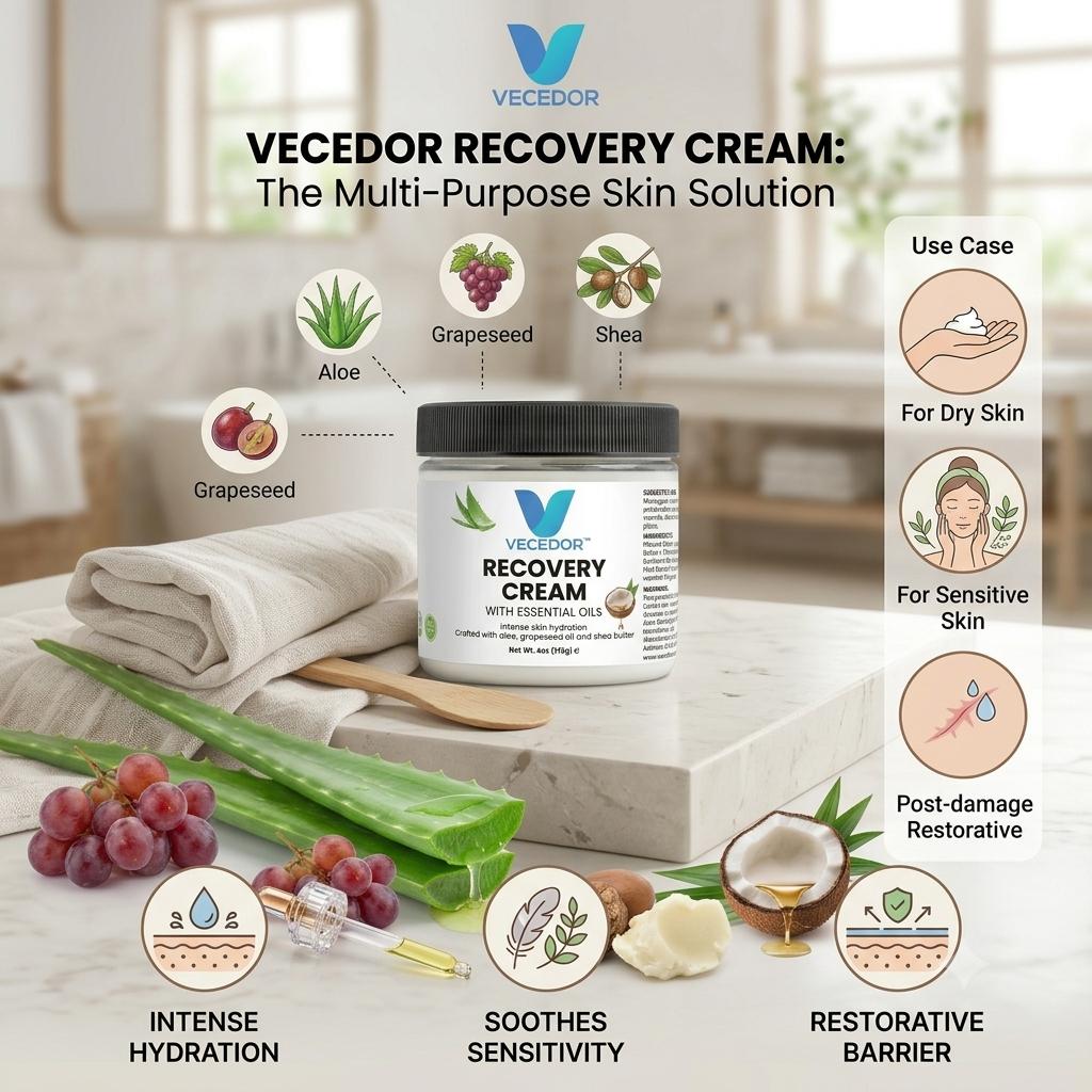 VECEDOR Recovery Cream – Restorative Face & Body Moisturizer for Dry, Sensitive & Damaged Skin – Hydrating & Healing Cream, 2oz