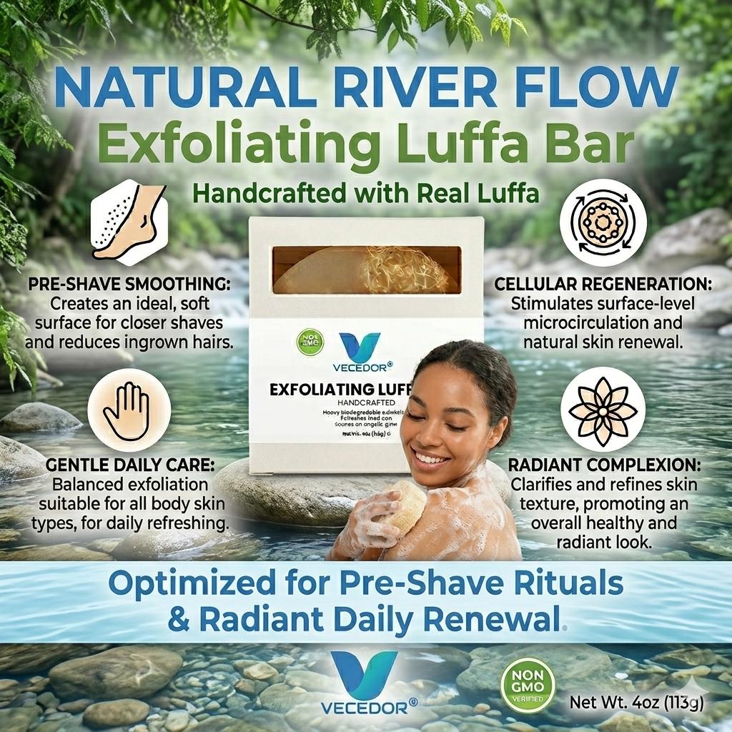 VECEDOR Exfoliating Luffa Bar – Natural Loofah Soap for Deep Cleansing & Smooth, Glowing Skin – Gentle Body Scrub, 4oz