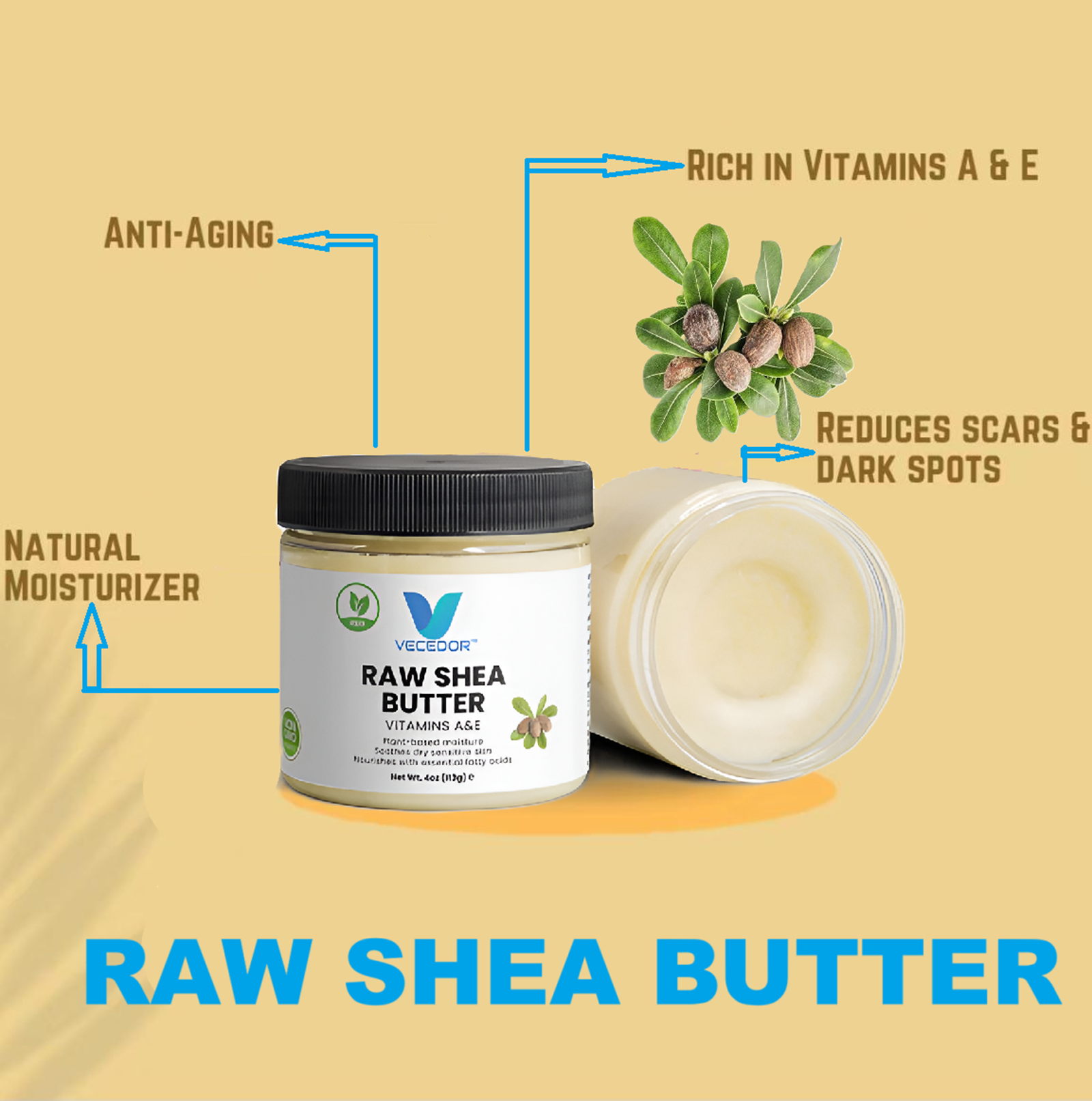 VECEDOR Raw Shea Butter – 100% Pure & Unrefined Organic Shea Butter for Skin, Hair & Body Moisturizing, 4oz