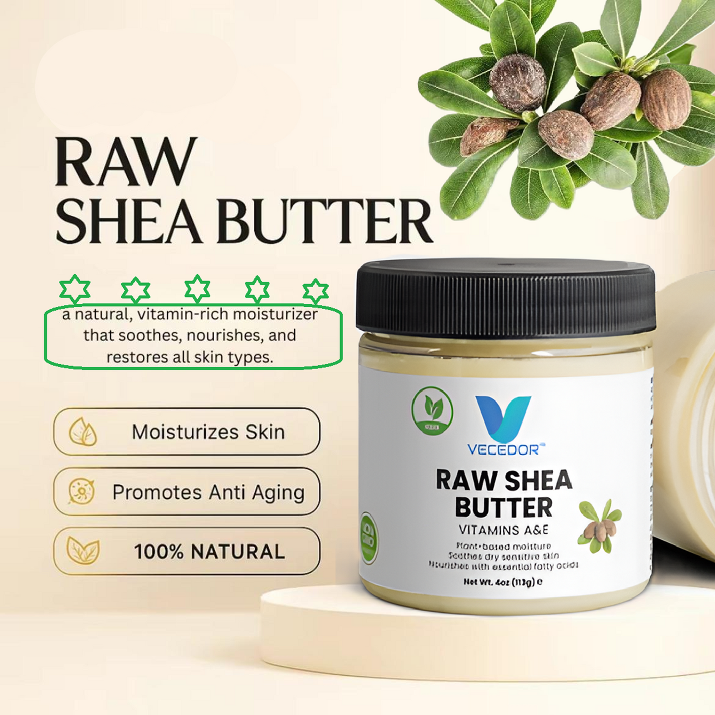 VECEDOR Raw Shea Butter – 100% Pure & Unrefined Organic Shea Butter for Skin, Hair & Body Moisturizing, 4oz