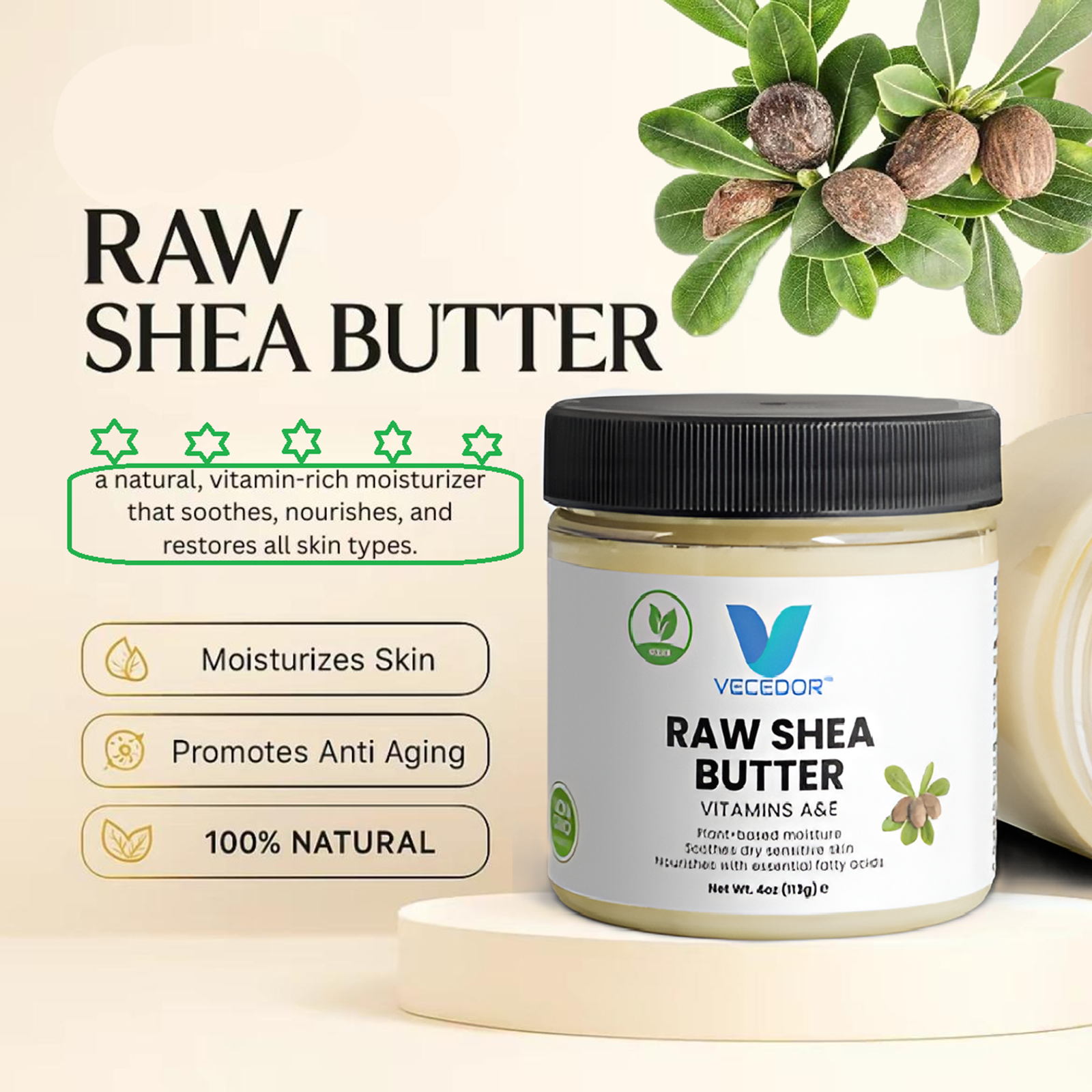 VECEDOR Raw Shea Butter – 100% Pure & Unrefined Organic Shea Butter for Skin, Hair & Body Moisturizing, 4oz