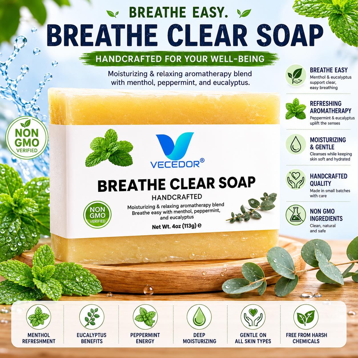 VECEDOR Breathe Clear Soap – Eucalyptus & Peppermint Bar for Respiratory Support, Deep Cleansing & Refreshing Aromatherapy, 4oz