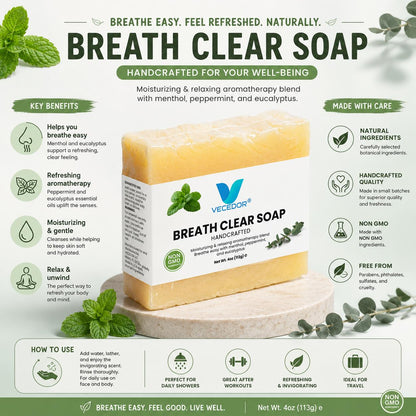 VECEDOR Breathe Clear Soap – Eucalyptus & Peppermint Bar for Respiratory Support, Deep Cleansing & Refreshing Aromatherapy, 4oz