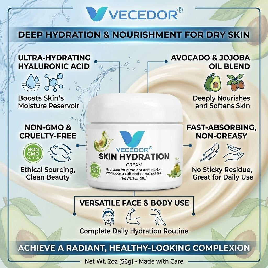 VECEDOR Skin Hydration Cream – Daily Face & Body Moisturizer with Hyaluronic Acid for Dry & Sensitive Skin, 2oz