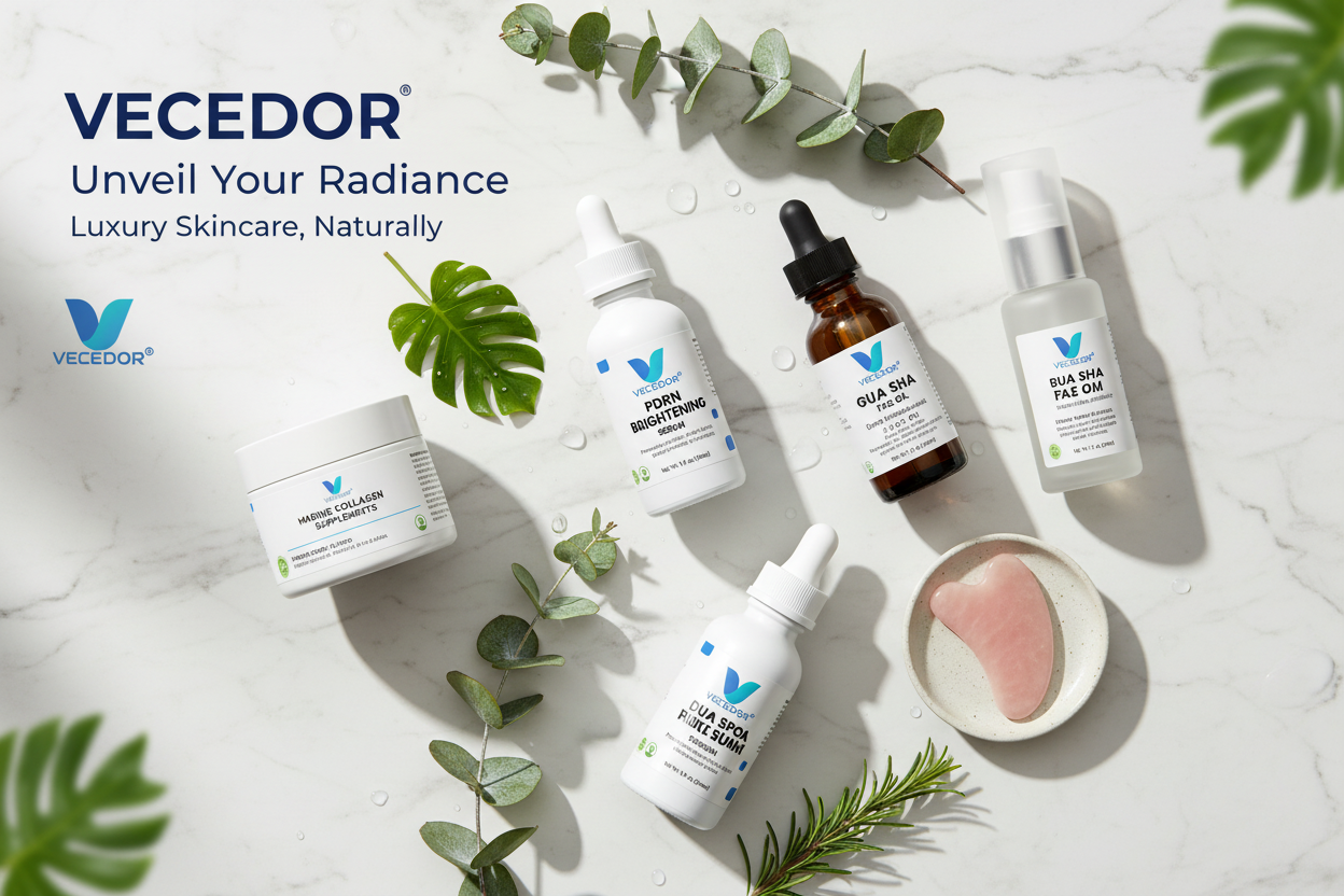 VECEDOR skincare products on a light background with green leaves
