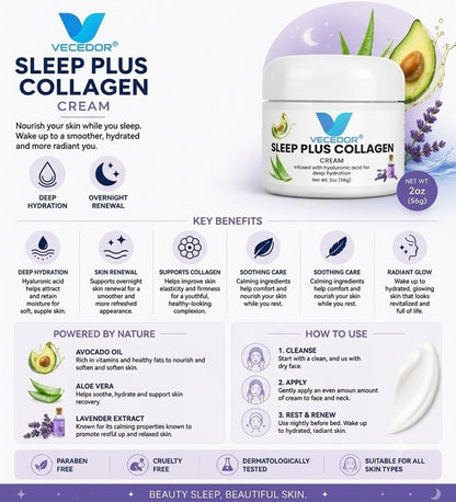 VECEDOR Sleep Plus Collagen Cream – Night Moisturizer with Collagen & Hyaluronic Acid for Hydration, Firming & Anti-Aging, 2oz