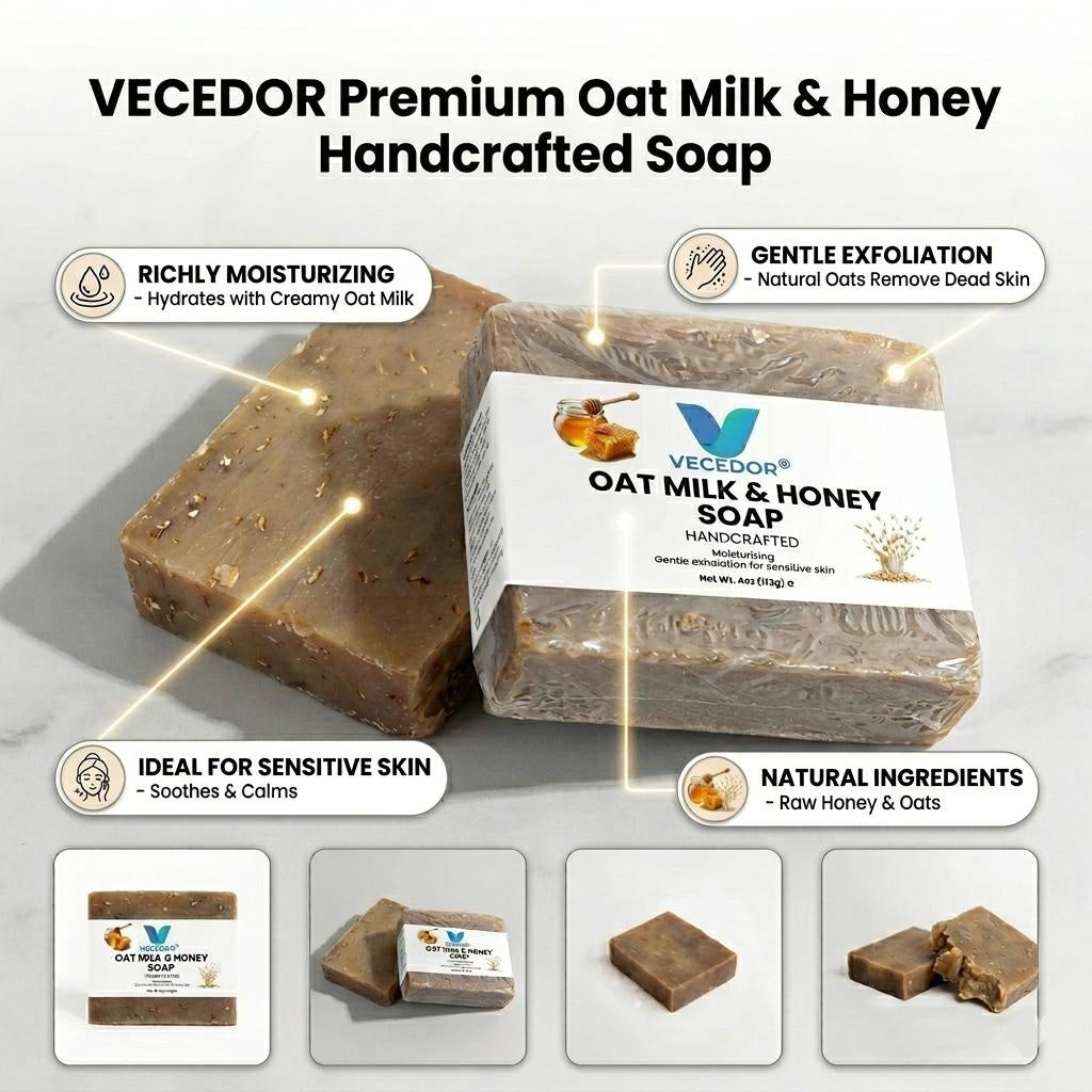 VECEDOR Oat Milk & Honey Soap – Gentle Moisturizing Bar for Dry & Sensitive Skin – Nourishing, Soothing & Hydrating, 4oz