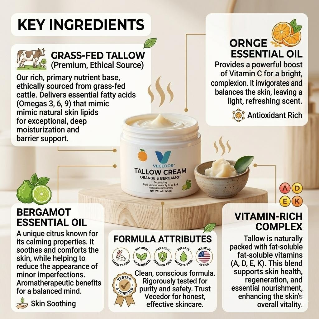 VECEDOR Tallow Cream Orange & Bergamot – Natural Face & Body Moisturizer for Dry Skin, Nourishing & Hydrating Balm, 2oz