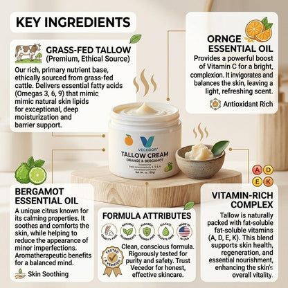 VECEDOR Tallow Cream Orange & Bergamot – Natural Face & Body Moisturizer for Dry Skin, Nourishing & Hydrating Balm, 2oz