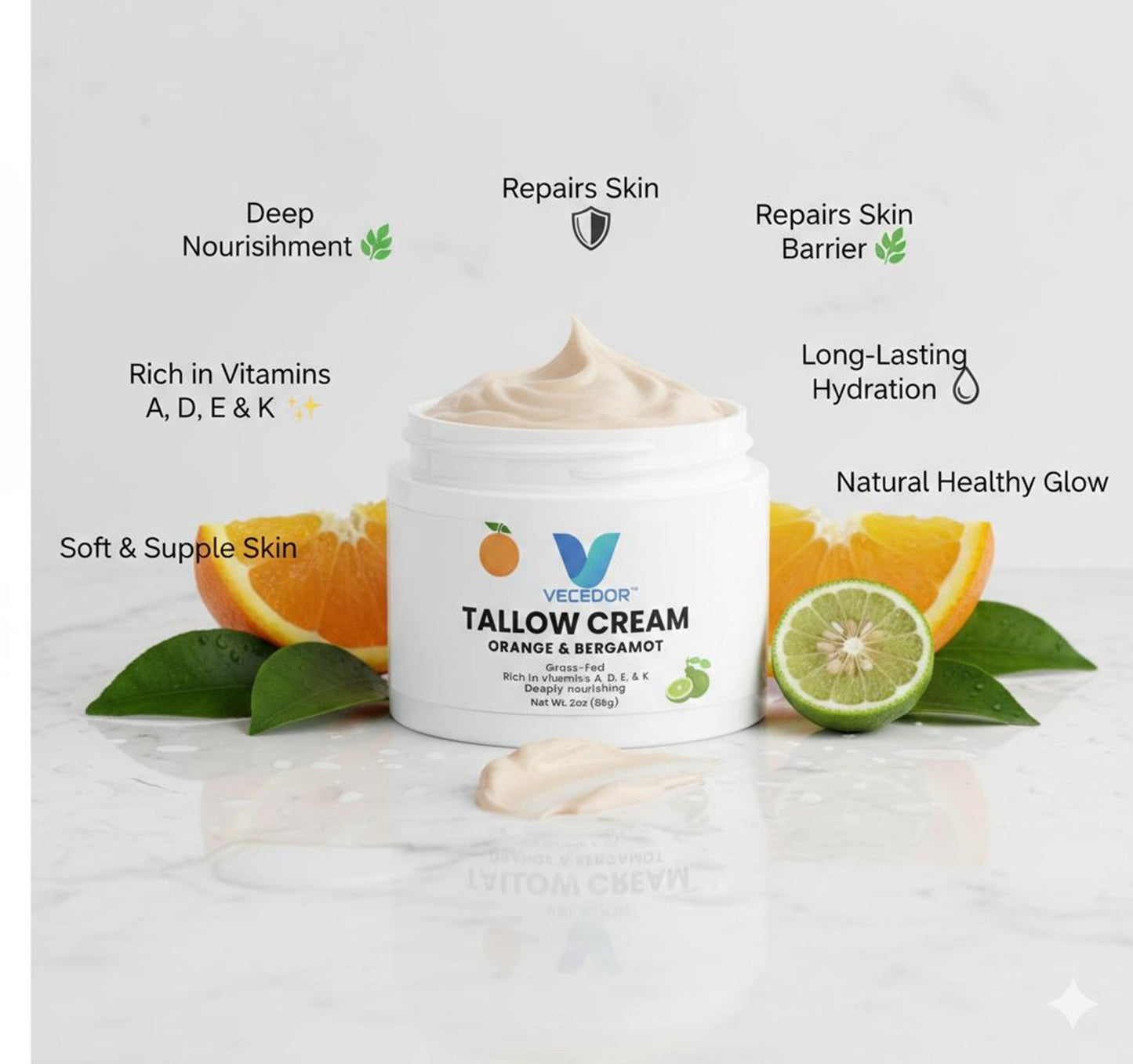 VECEDOR Tallow Cream Orange & Bergamot – Natural Face & Body Moisturizer for Dry Skin, Nourishing & Hydrating Balm, 2oz VECEDOR