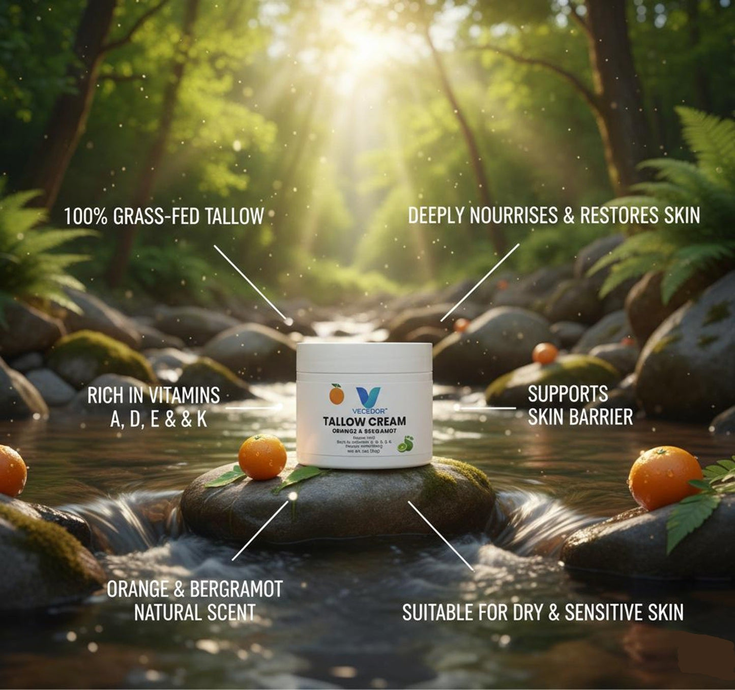 VECEDOR Tallow Cream Orange & Bergamot – Natural Face & Body Moisturizer for Dry Skin, Nourishing & Hydrating Balm, 2oz VECEDOR