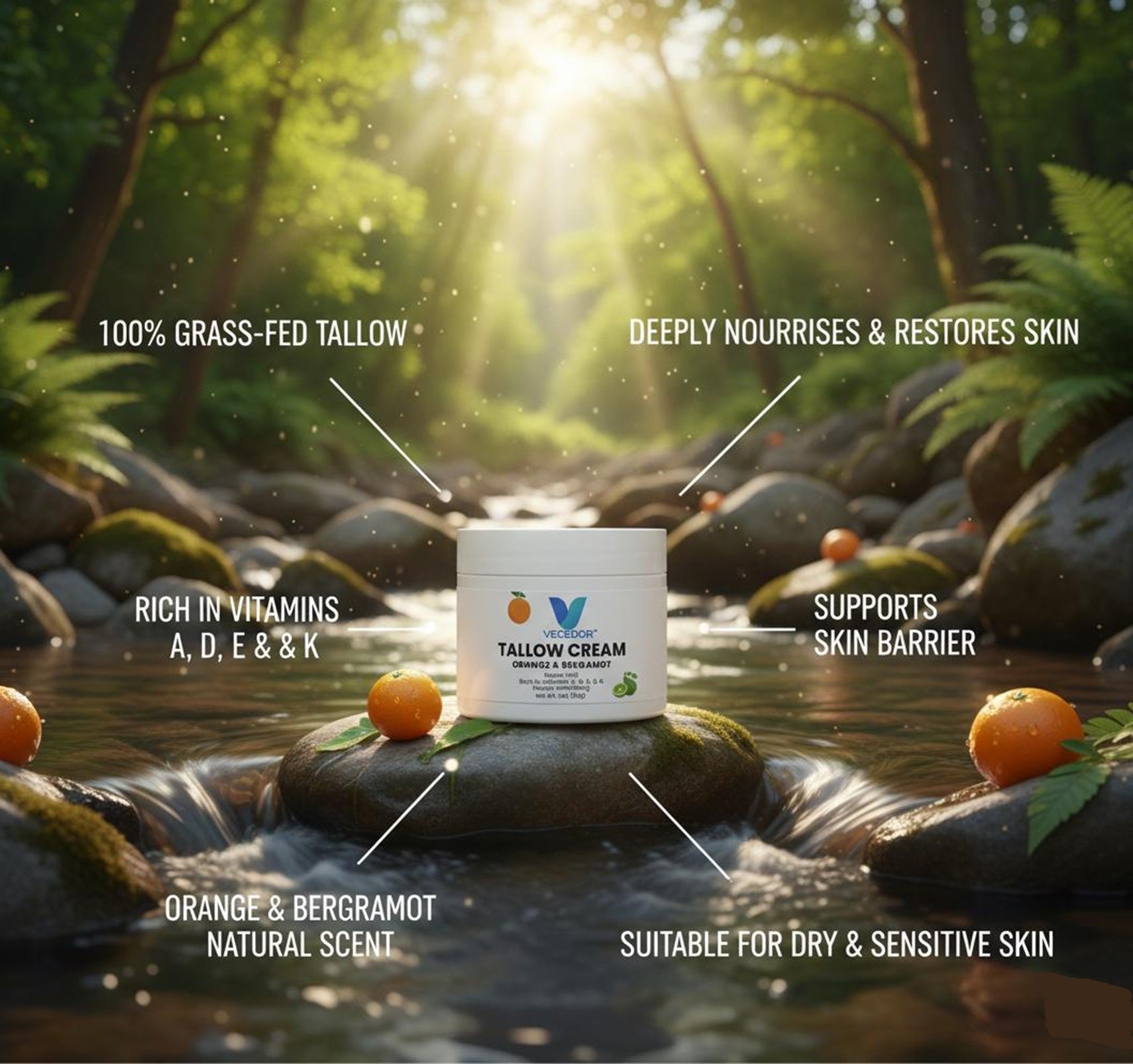 VECEDOR Tallow Cream Orange & Bergamot – Natural Face & Body Moisturizer for Dry Skin, Nourishing & Hydrating Balm, 2oz VECEDOR