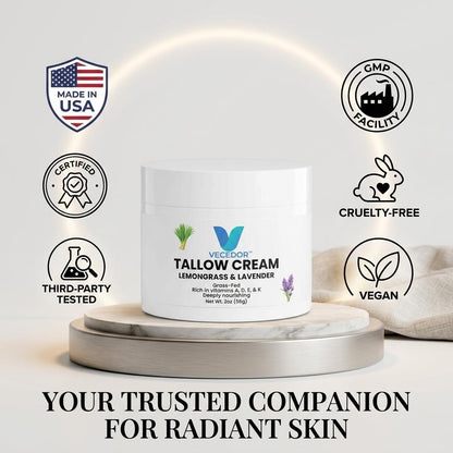VECEDOR Tallow Cream Lemongrass & Lavender – Natural Face & Body Moisturizer for Dry Skin, Nourishing & Hydrating Balm, 2oz