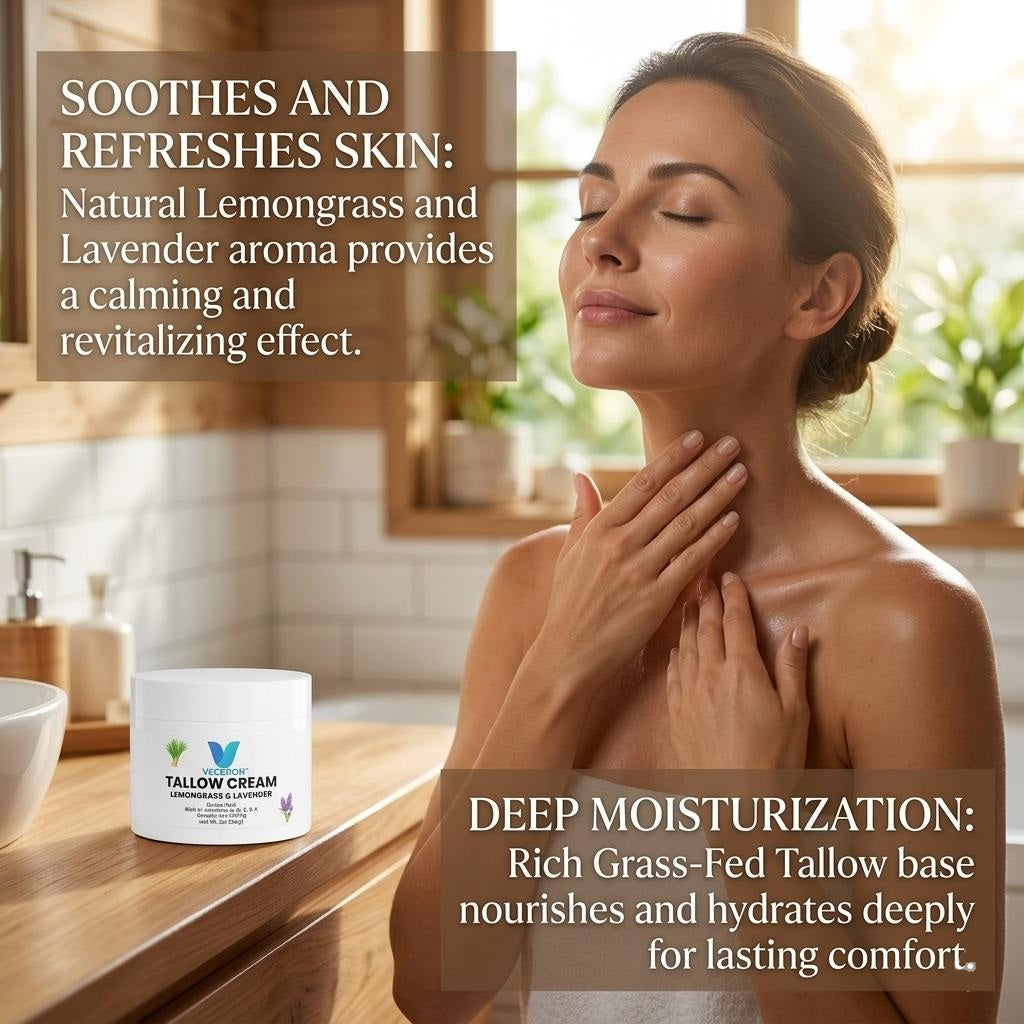 VECEDOR Tallow Cream Lemongrass & Lavender – Natural Face & Body Moisturizer for Dry Skin, Nourishing & Hydrating Balm, 2oz