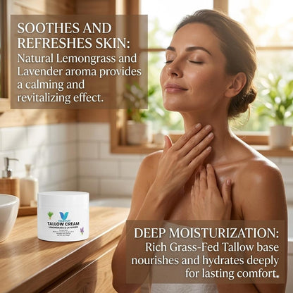 VECEDOR Tallow Cream Lemongrass & Lavender – Natural Face & Body Moisturizer for Dry Skin, Nourishing & Hydrating Balm, 2oz