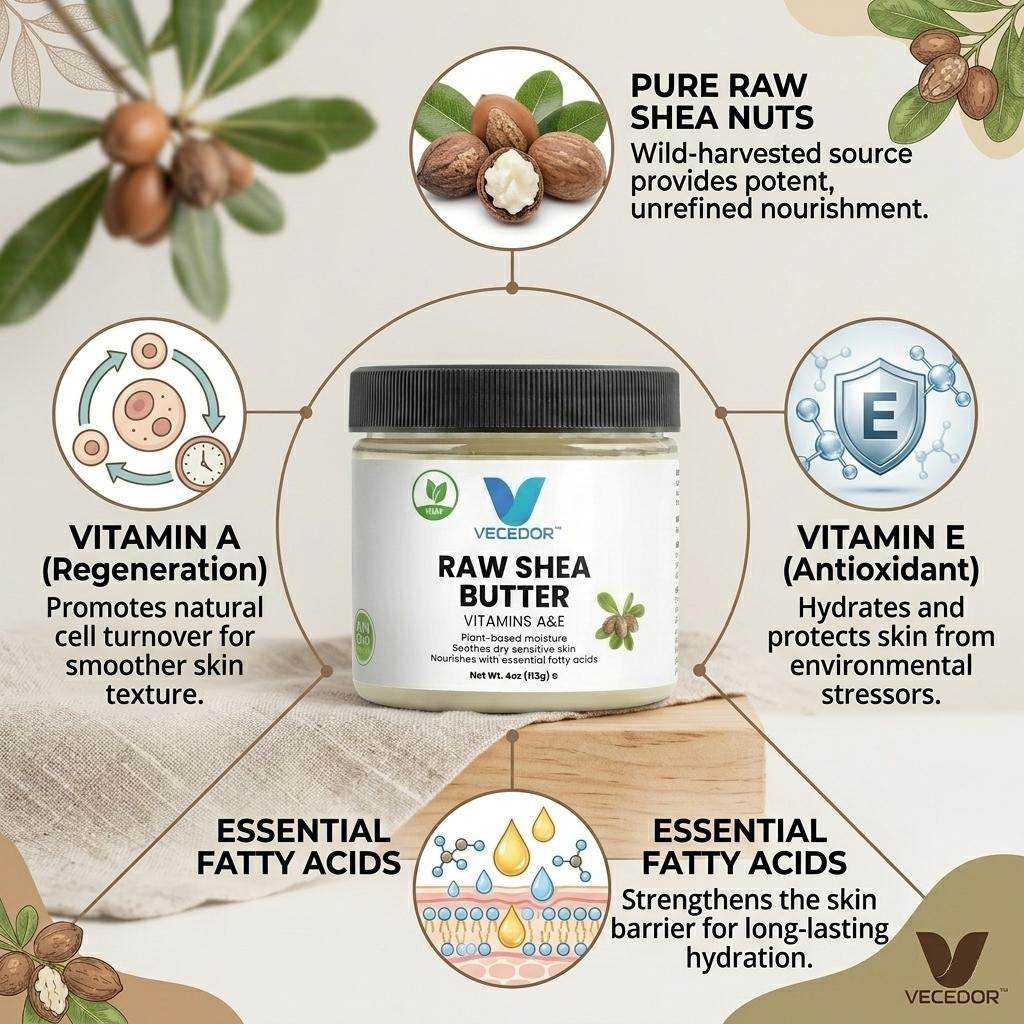 VECEDOR Raw Shea Butter – 100% Pure & Unrefined Organic Shea Butter for Skin, Hair & Body Moisturizing, 4oz