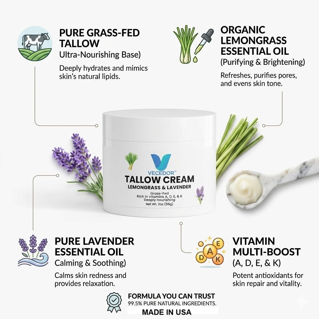 VECEDOR Tallow Cream Lemongrass & Lavender – Natural Face & Body Moisturizer for Dry Skin, Nourishing & Hydrating Balm, 2oz