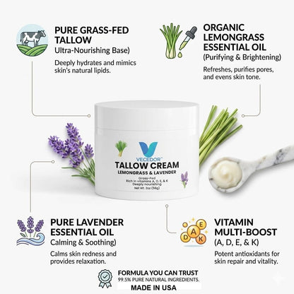 VECEDOR Tallow Cream Lemongrass & Lavender – Natural Face & Body Moisturizer for Dry Skin, Nourishing & Hydrating Balm, 2oz