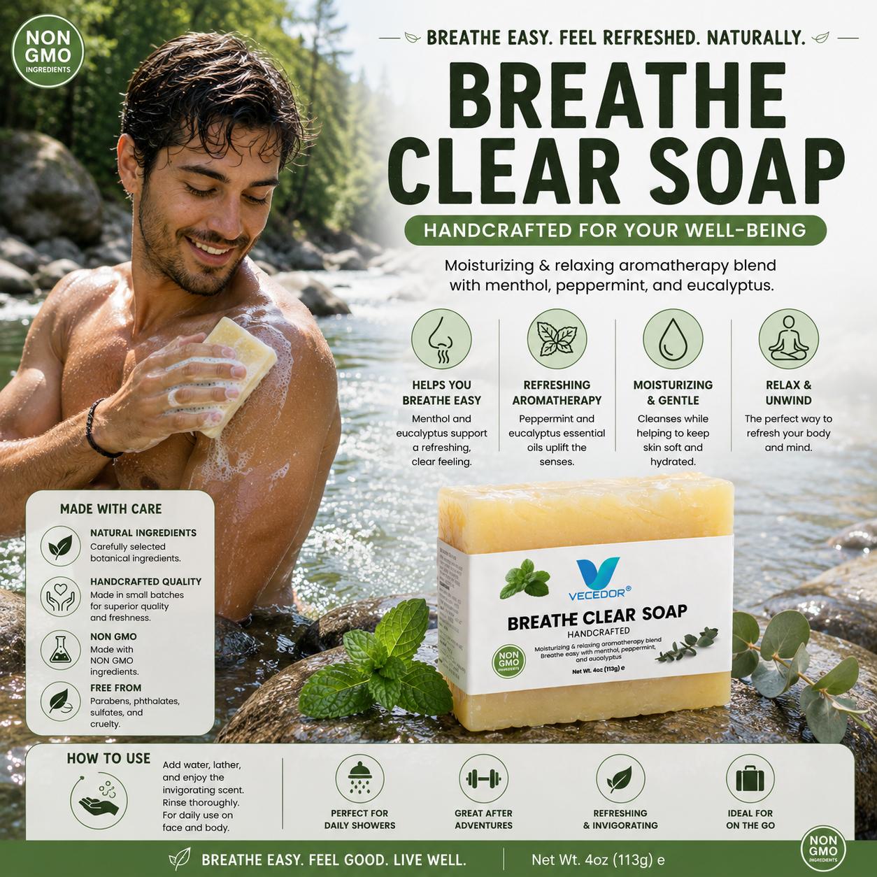 VECEDOR Breathe Clear Soap – Eucalyptus & Peppermint Bar for Respiratory Support, Deep Cleansing & Refreshing Aromatherapy, 4oz