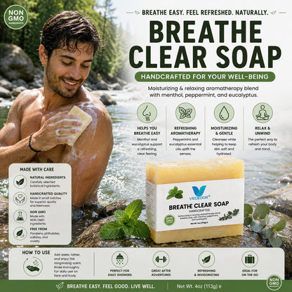 VECEDOR Breathe Clear Soap – Eucalyptus & Peppermint Bar for Respiratory Support, Deep Cleansing & Refreshing Aromatherapy, 4oz