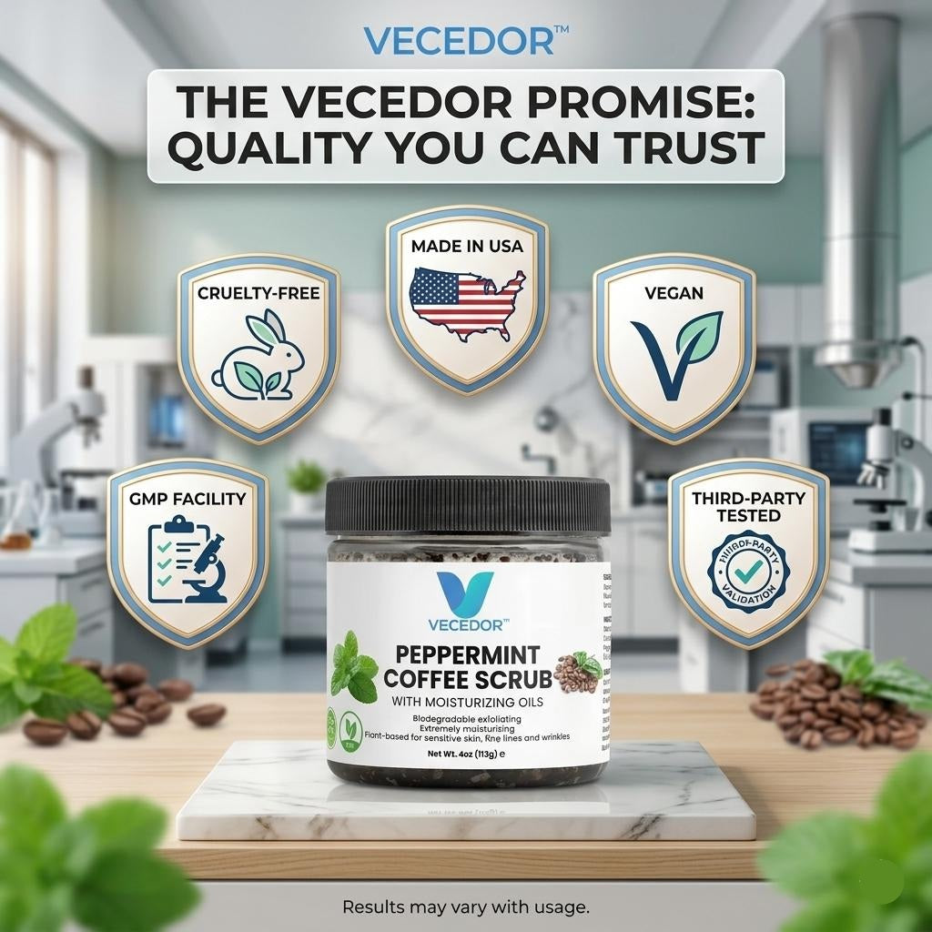 VECEDOR Peppermint Coffee Scrub – Exfoliating Body & Face Scrub for Smooth, Glowing Skin – Natural Moisturizing & Cellulite Care, 4oz