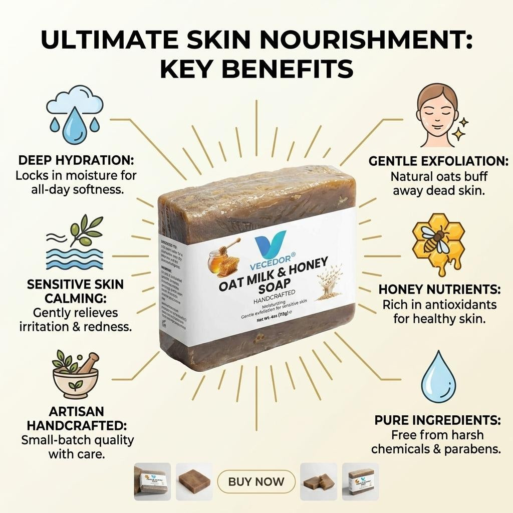 VECEDOR Oat Milk & Honey Soap – Gentle Moisturizing Bar for Dry & Sensitive Skin – Nourishing, Soothing & Hydrating, 4oz